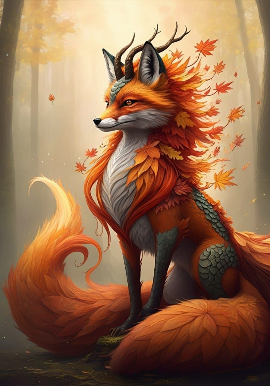 Autumnal Fox Kirin in Watercolor Landscape