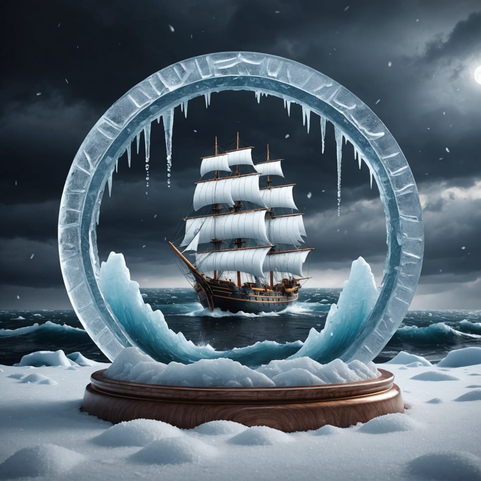 Intricate Ice Lamp Encapsulates Stormy Ocean Scene