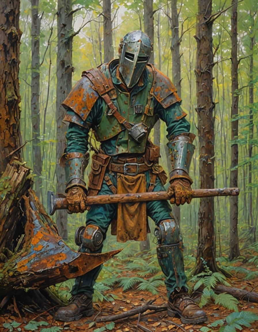 Rusted Metal Woodsman in Forest: Oil Painting