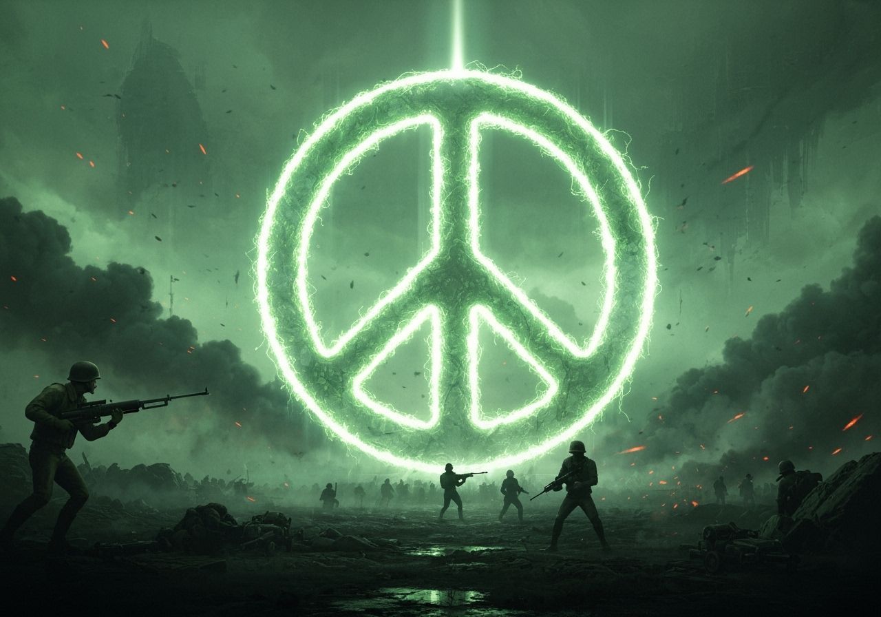 Giant Peace Sign Illuminates War Scene in Surreal Style