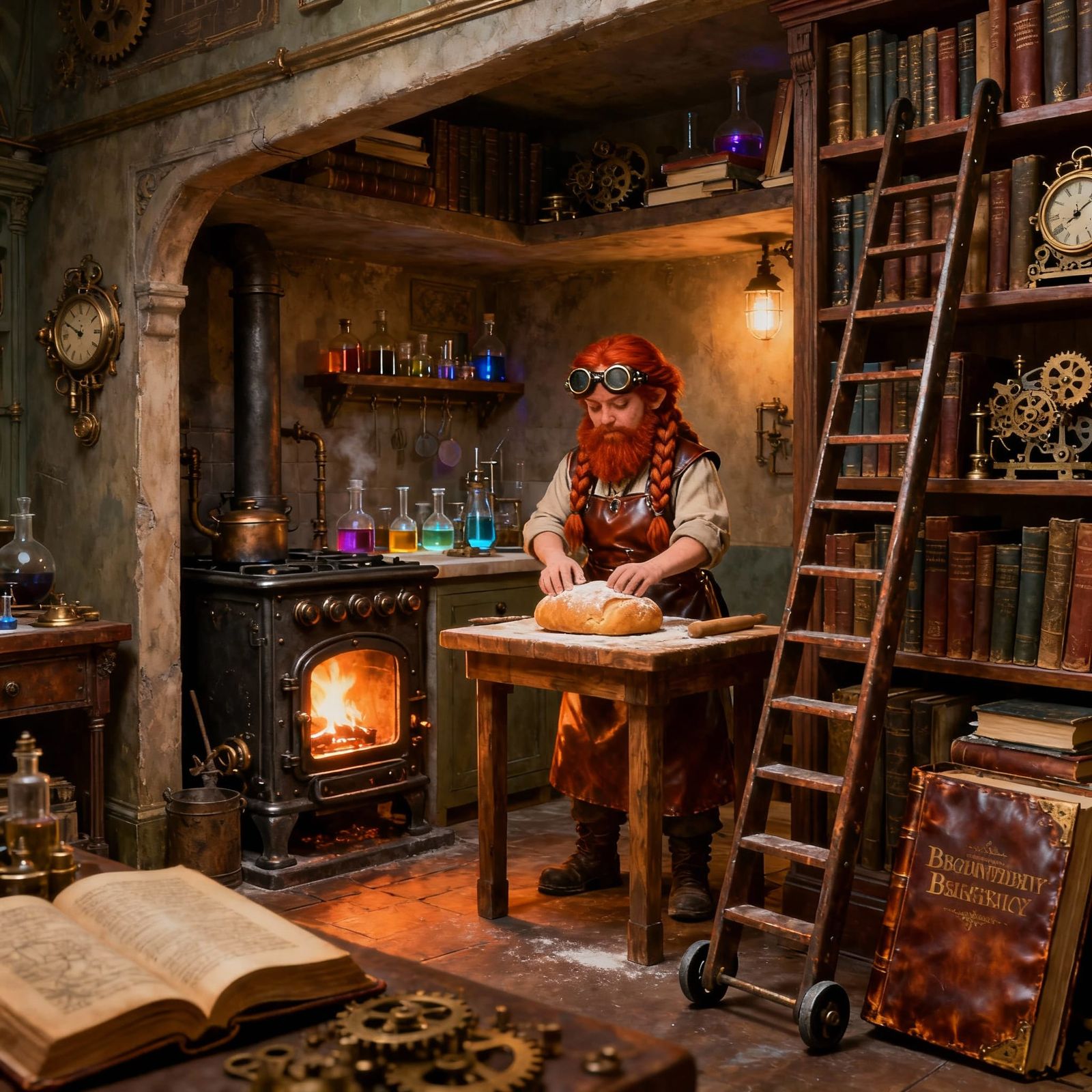 Steampunk Dwarf Baker in Victorian Lab Kitchen