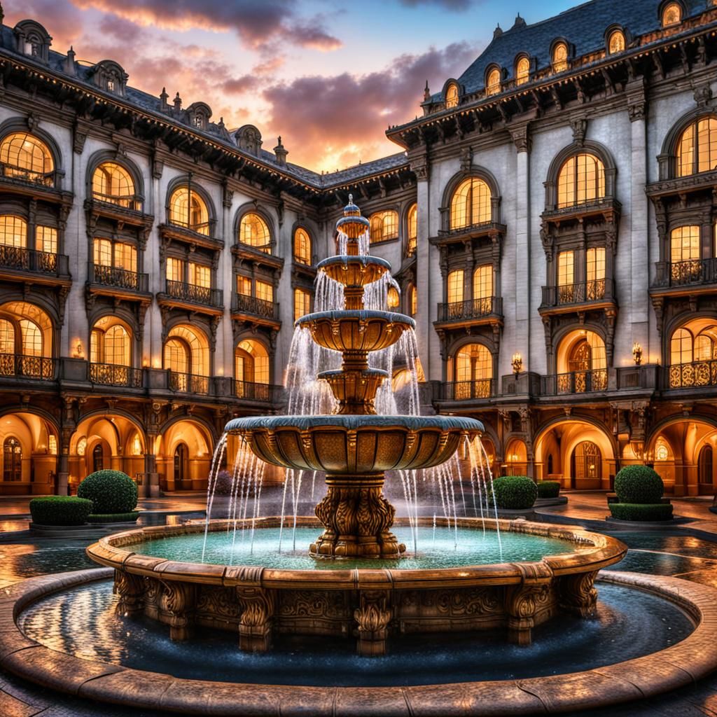 Ornate Water Fountain in Golden Hour: Digital Art