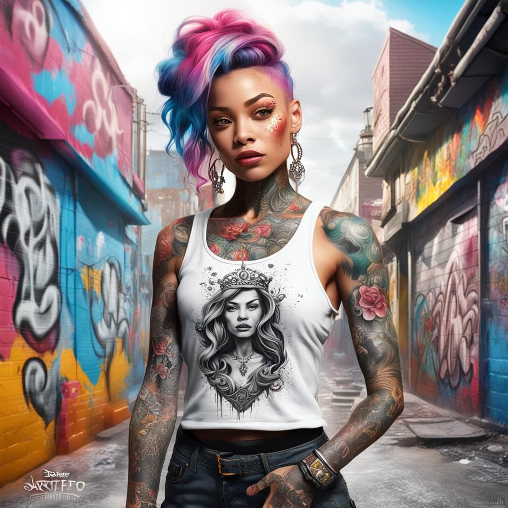 Hyperrealistic Tattooed Disney Princess in Graffiti Street