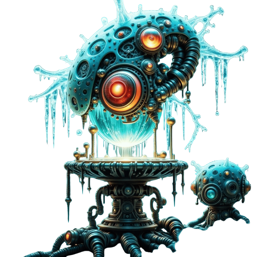 Biopunk Steampunk Xenomorph Robot in Frosty Abandoned Resear...