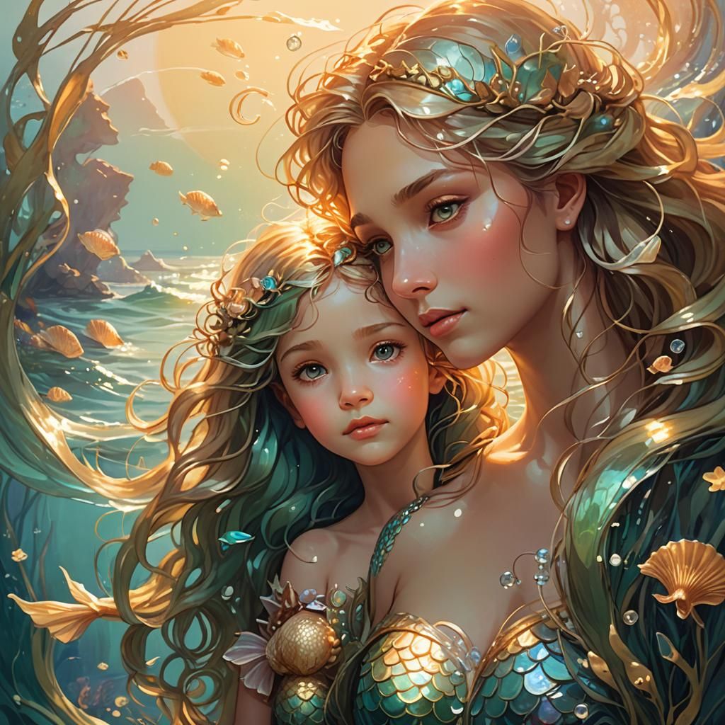 Mermaid Mother and Child in Art Nouveau Style