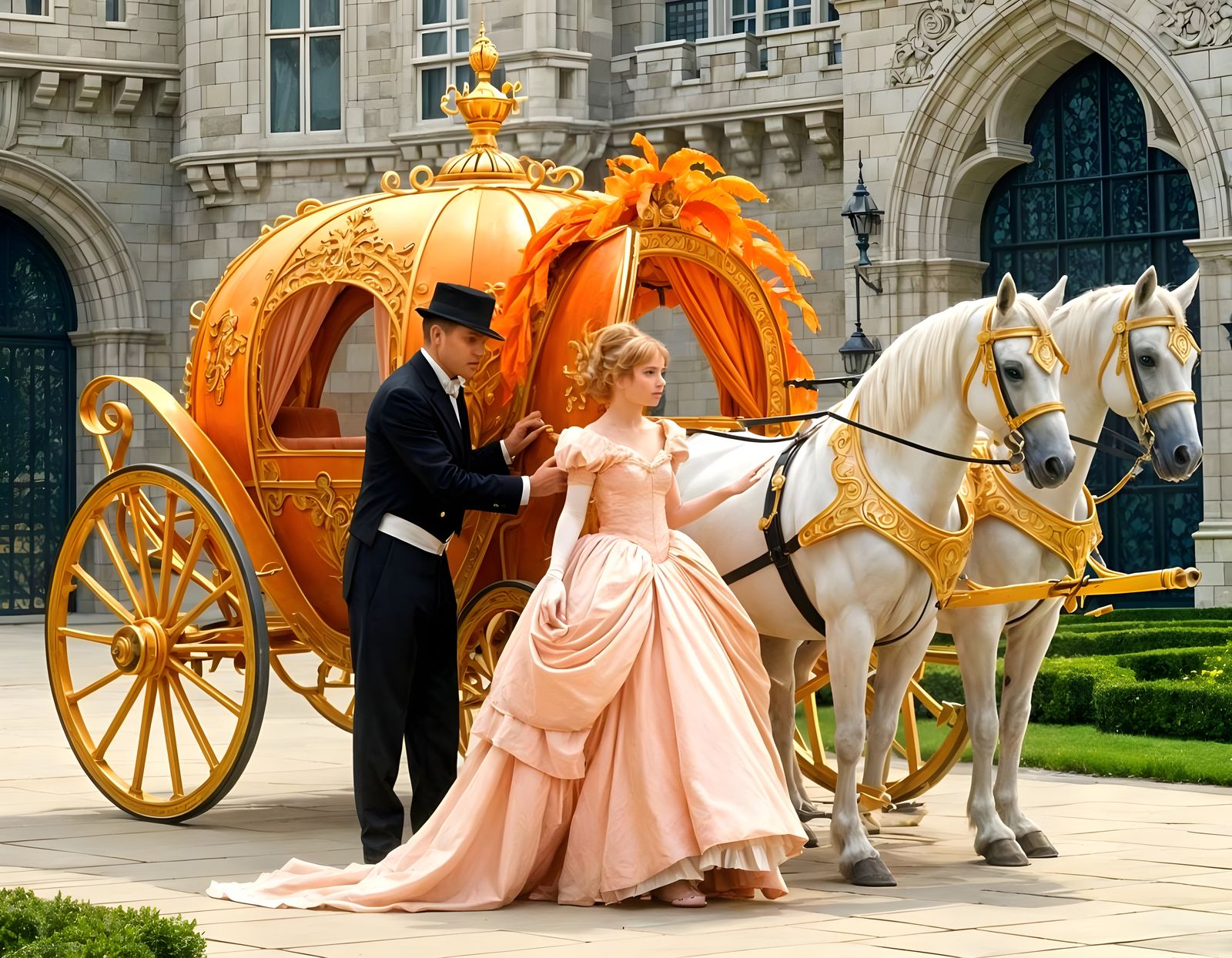 Cinderella Arrives at Castle Ball in Pumpkin Carriage