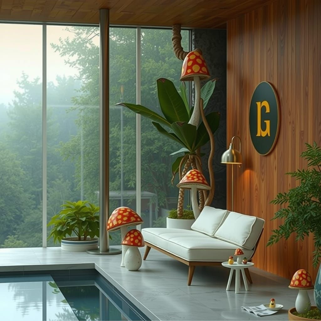 Vibrant Surreal Scene with Mushroom Flags and Whimsical Cabi...