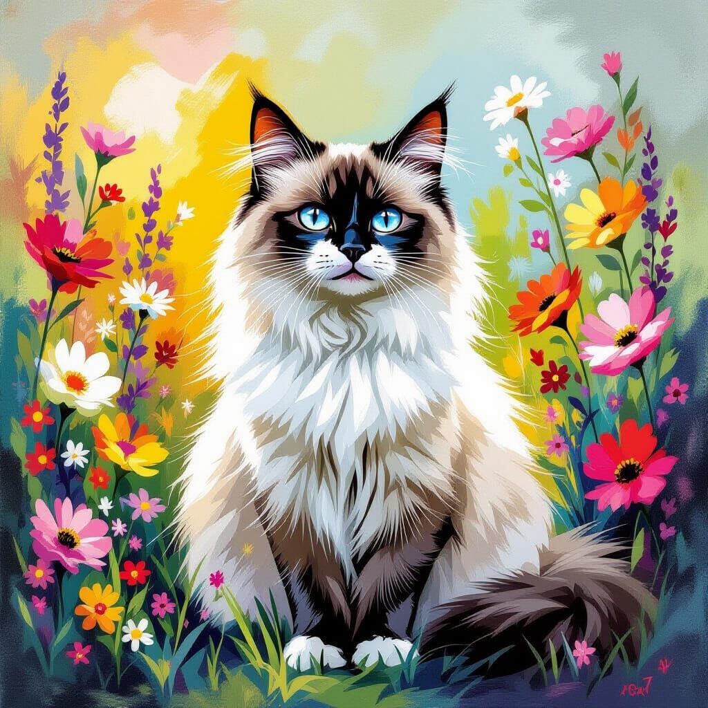 Airbrush Art Birman Cat in Vibrant Garden