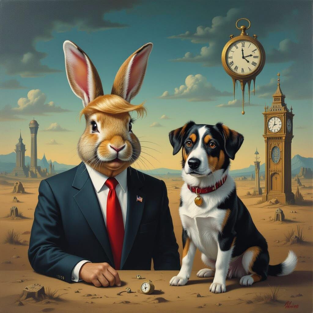 Surrealist Rabbit & Dog Portrait in Dalí/Magritte Style