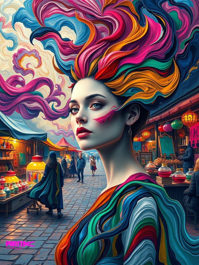 Surreal Brushstroke Bazaar: A Woman's Colorful World