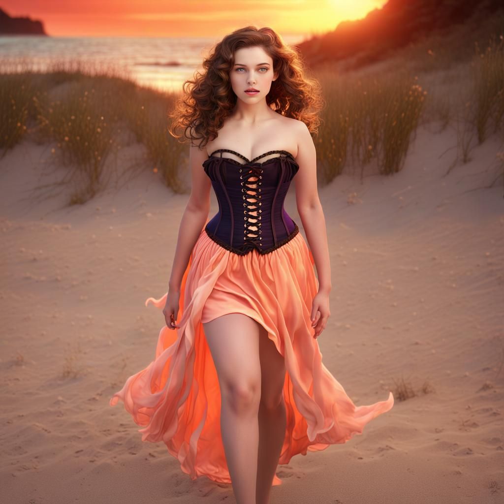 Summer Witch on Beach at Sunset, Digital Art