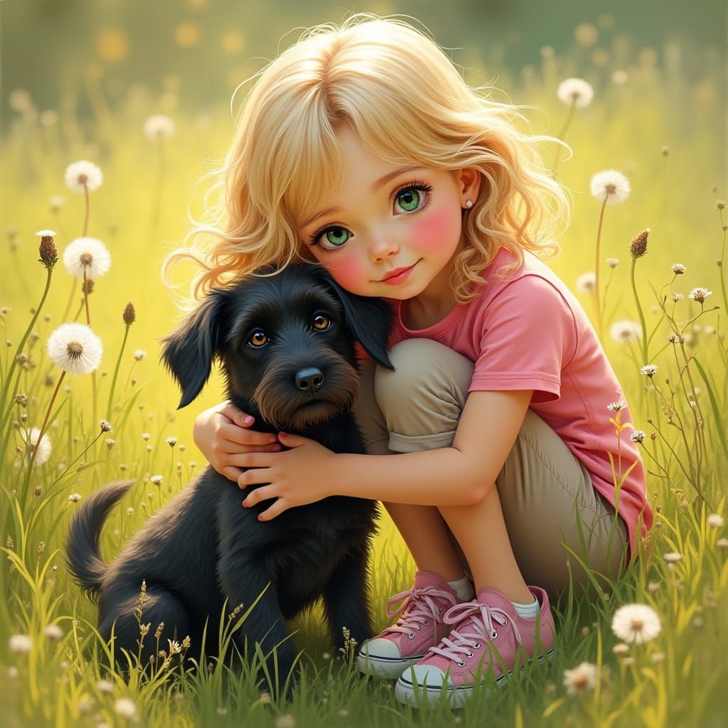 Girl and Dog in Dandelion Field