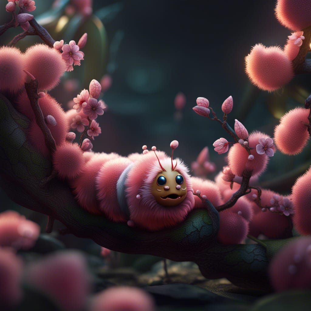 Fluffy Caterpillar on Peach Blossom: Detailed Matte Painting