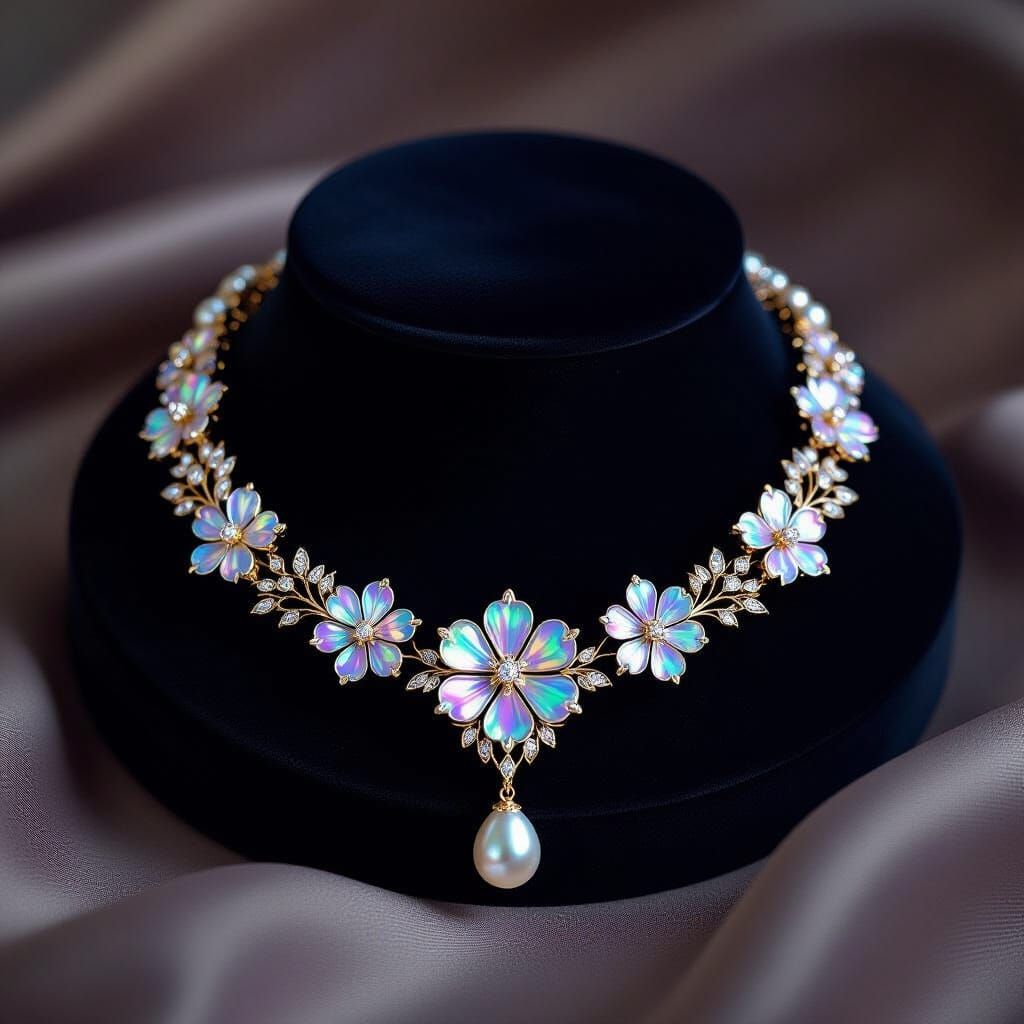 Iridescent Floral Necklace on Velvet Cushion