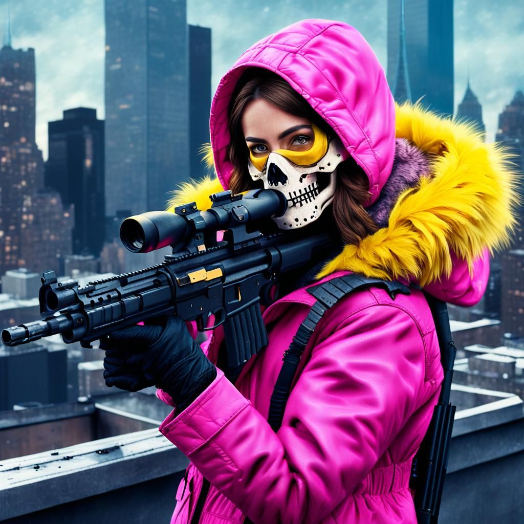 Brunette Assassin on New York Rooftop, Digital Matte Paintin...