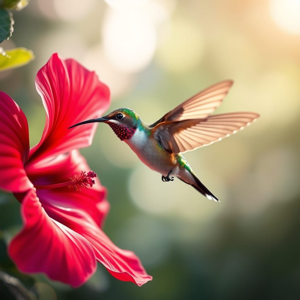 Iridescent Hummingbird in Dreamy Botanical Scene