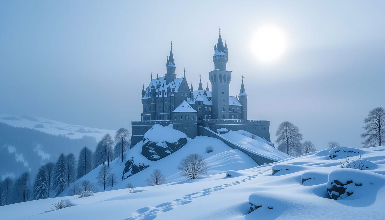 Snowy Castle on Windswept Hill in Winter Light