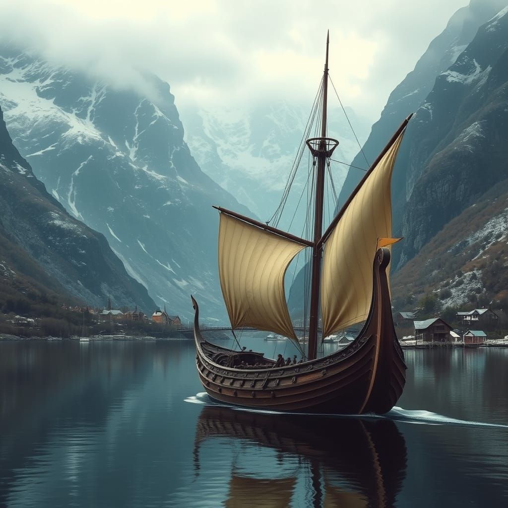 Viking Ship Sails Fjord in Sci-Fi Style