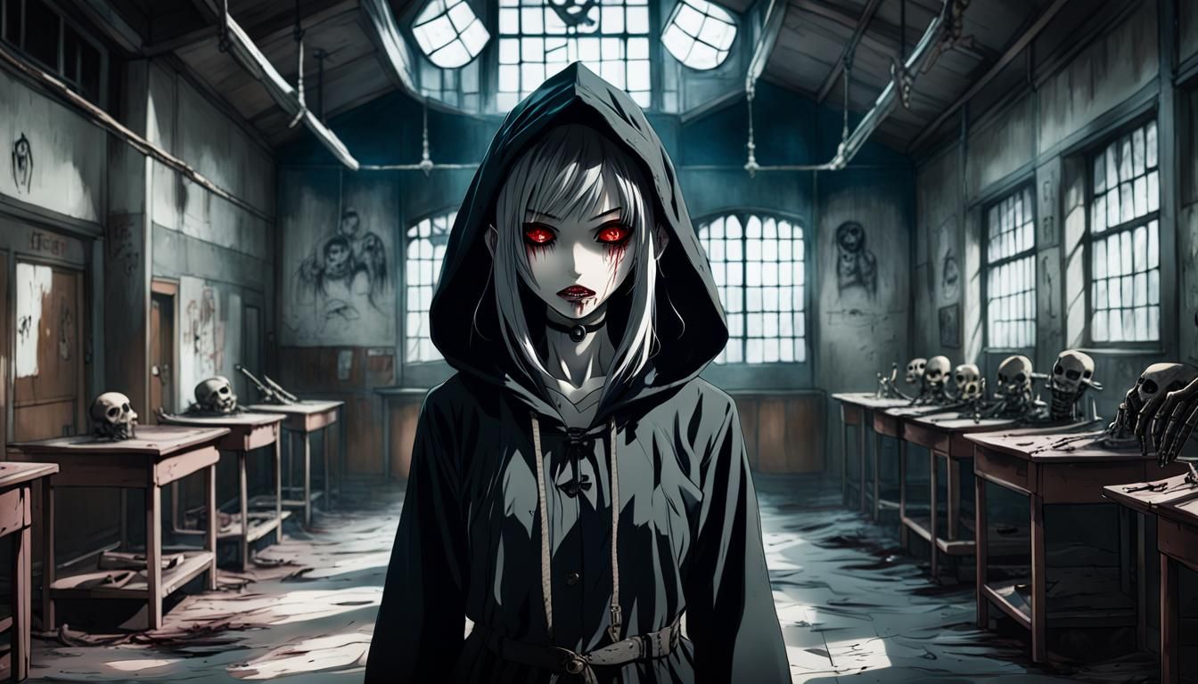 Creepy Anime Witch Portrait in Haunted School