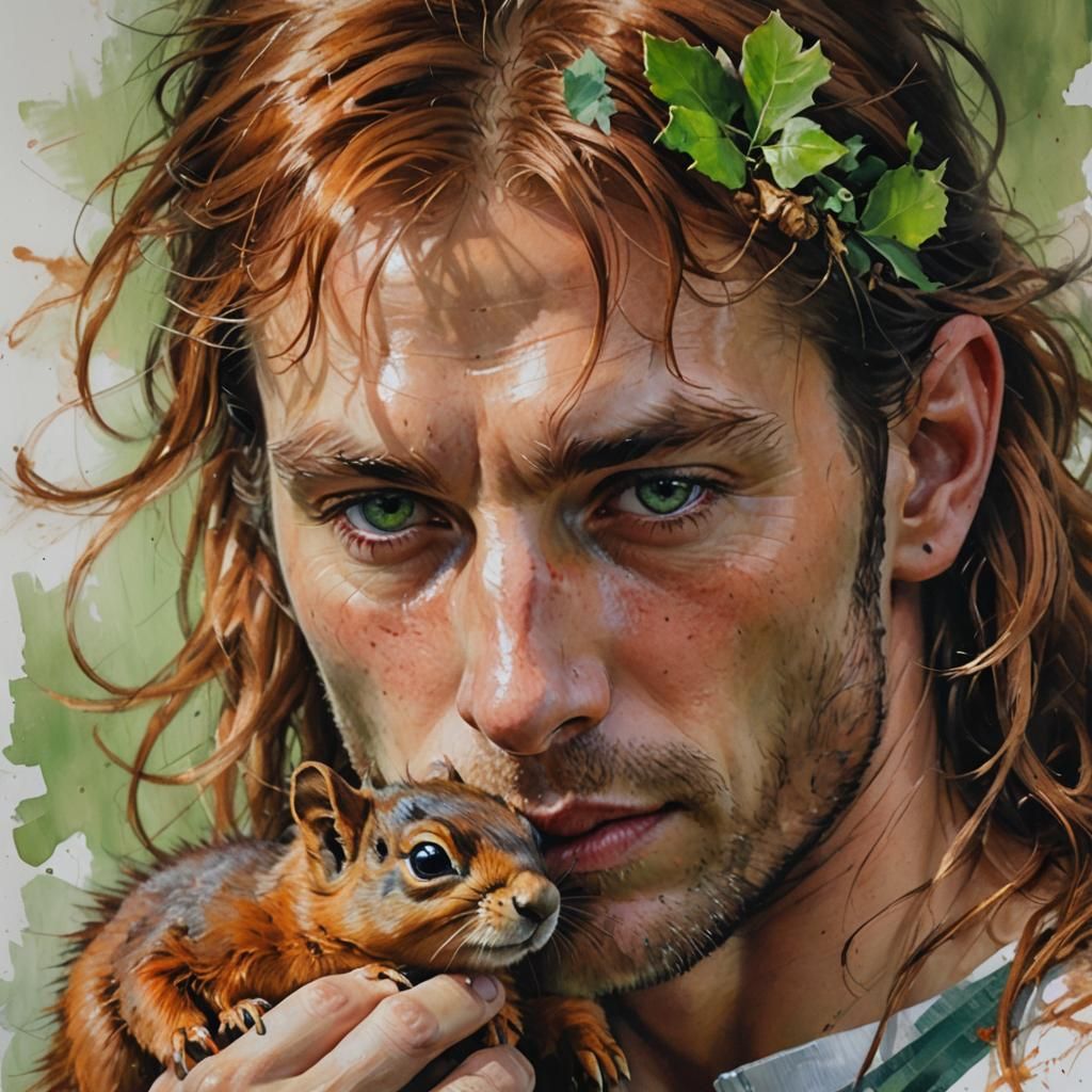 Man with Squirrel Portrait in Romantic Realism Style