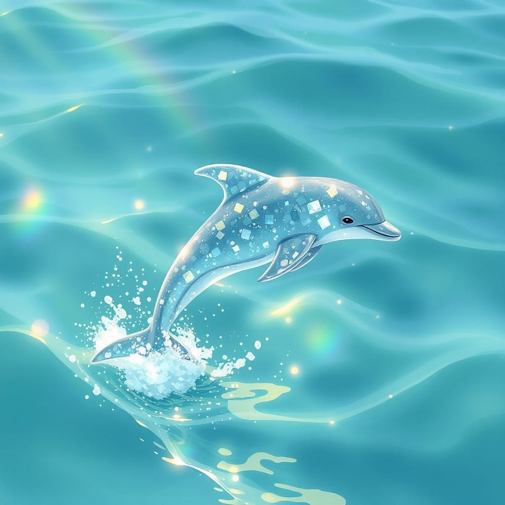 Crystal Dolphin Leaps in Turquoise Sea: Watercolor Art