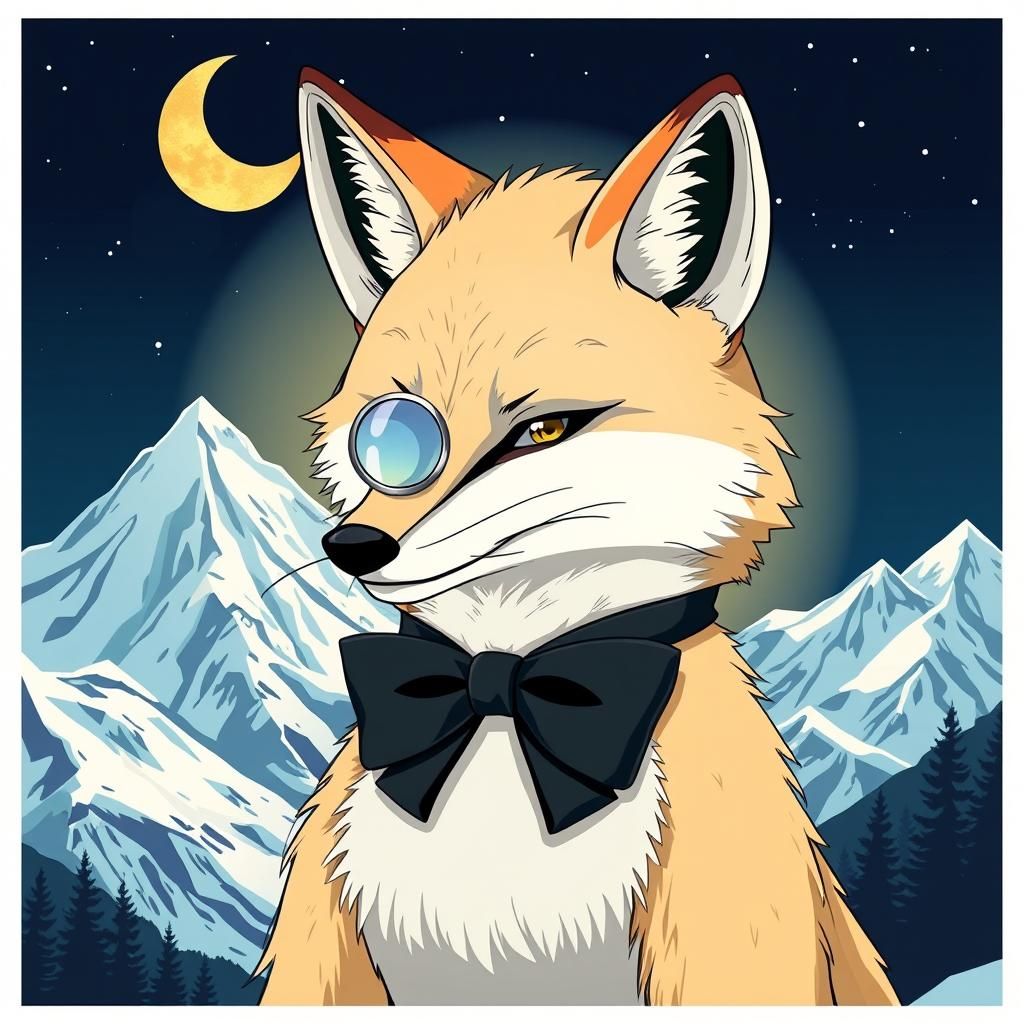 A dapper Arctic fox in a bowtie and monocle, looking very so...