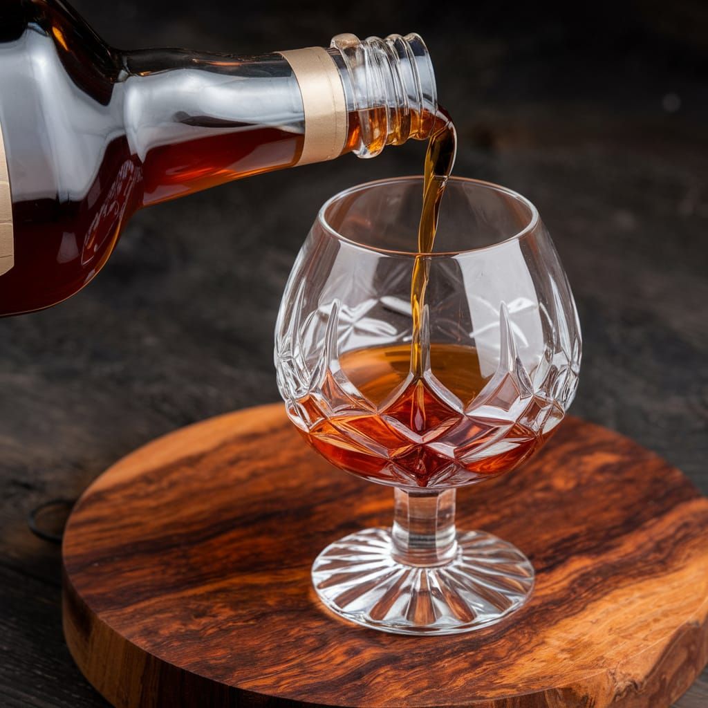 Cognac Pour in Crystal Glass on Wooden Board