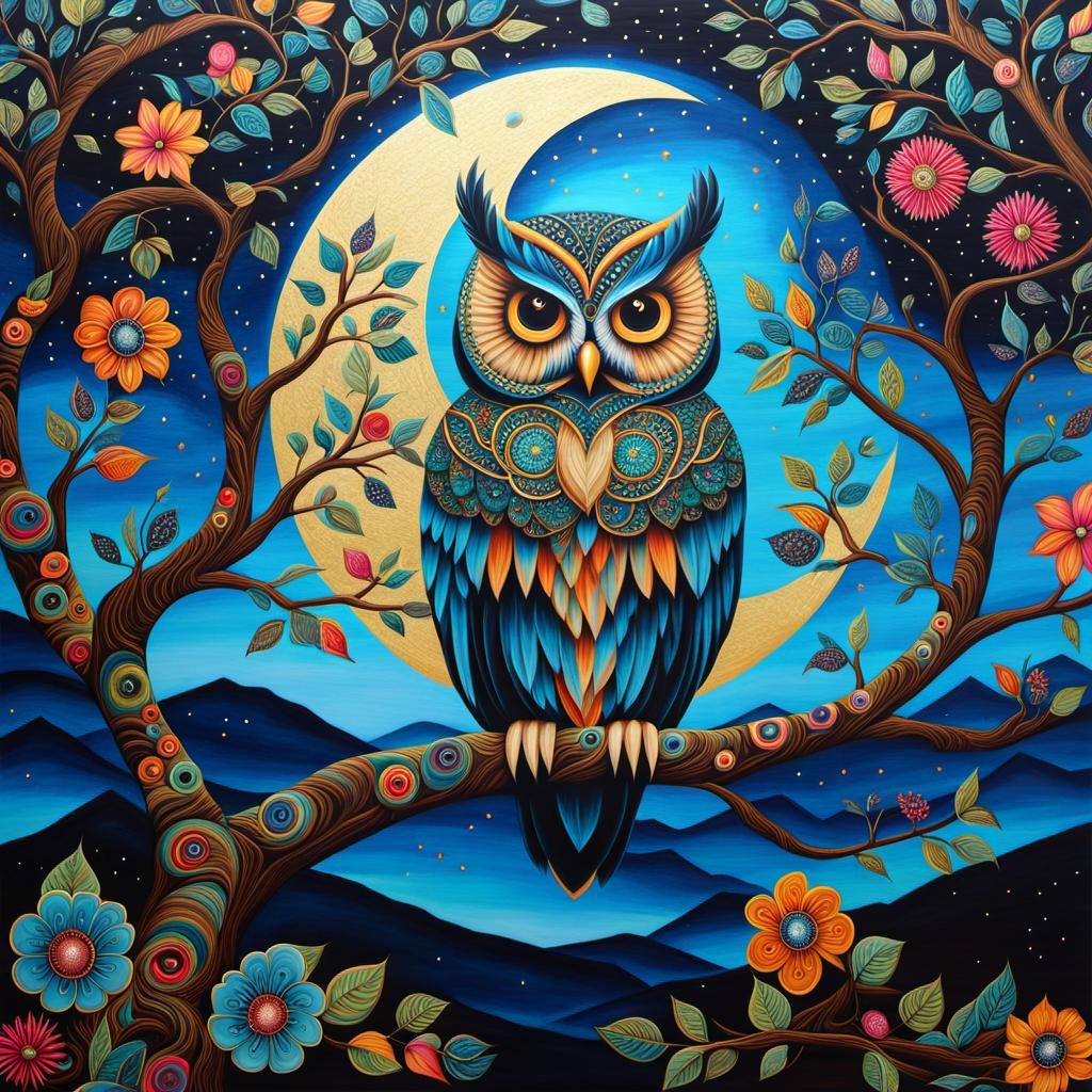 Owl on Colorful Tree of Life, Acrylic Watercolor Art