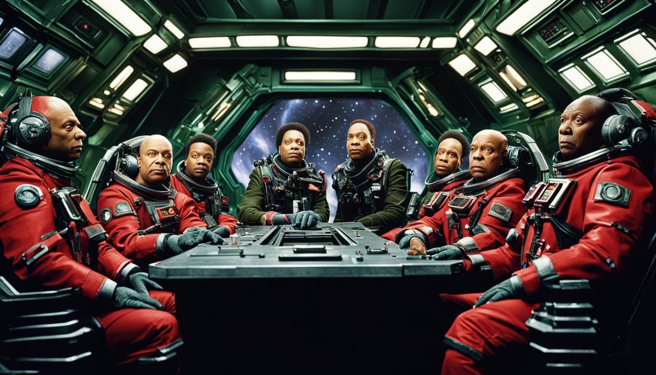Red Dwarf Cast Inside Starbug in Hyperrealistic Style
