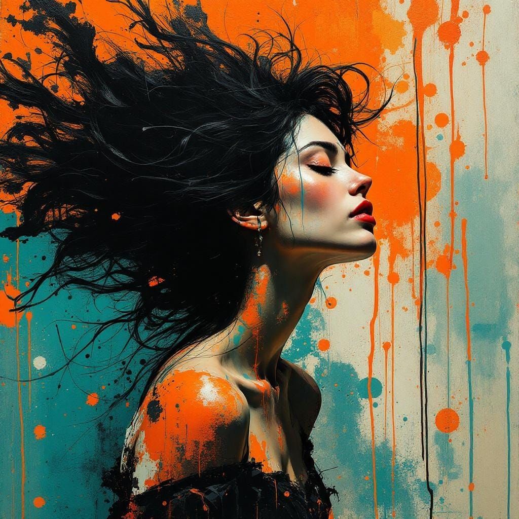 Contemplative Woman Emerging from Abstract Expressionism