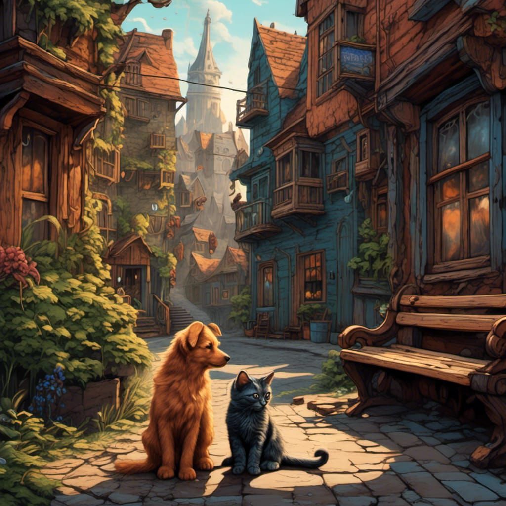<lora:Pyrography:1.0> Puppy and kitten in a town waiting by ...