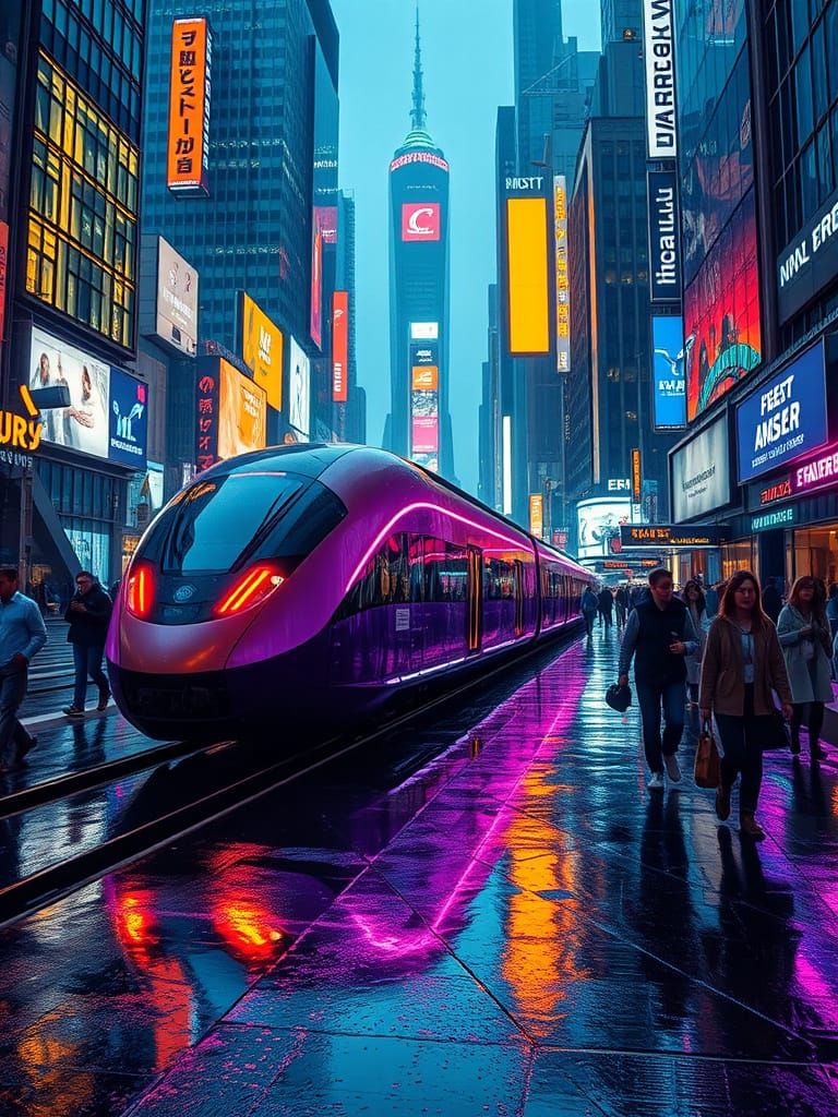 Futuristic High-Speed Train in Cyberpunk Cityscape
