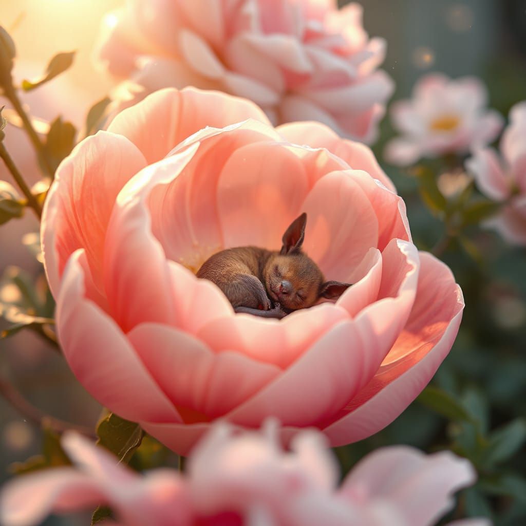 Baby Bat Sleeps in Giant Peony, Magical Garden Art