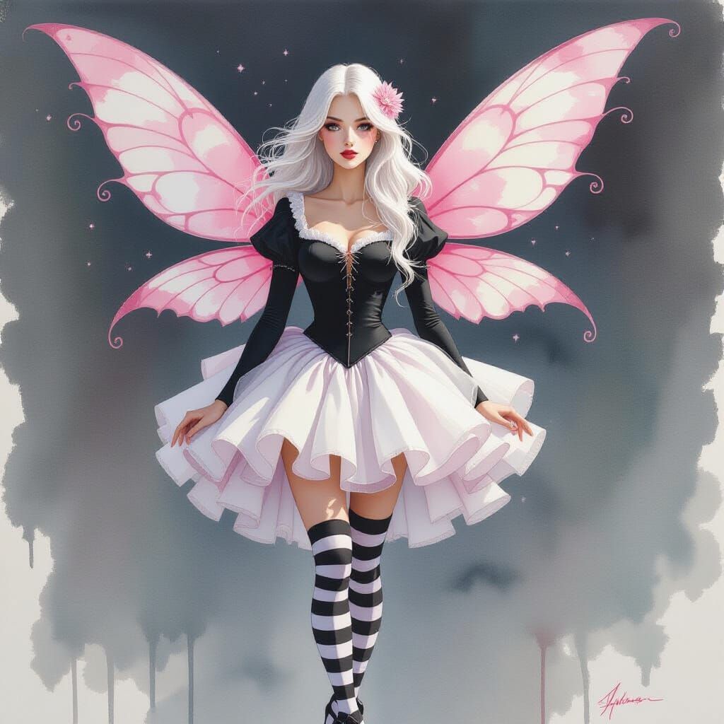 Whimsical Fairy in Burtonesque Watercolor Style