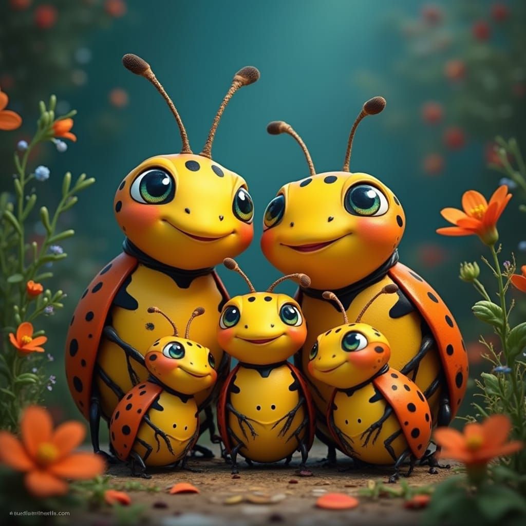 Heartwarming Ladybug Family Portrait in Whimsical Greenery