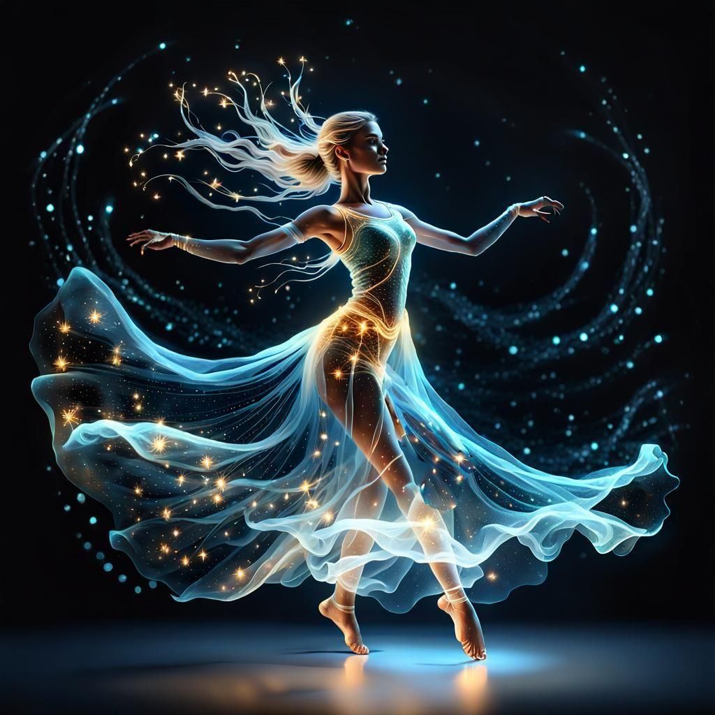 Bioluminescent Woman Dancing with Fireflies: a Chiaroscuro C...