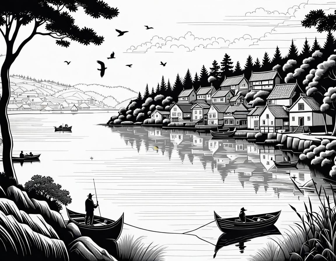 Detailed Ink Line Drawing of Lakeside Village