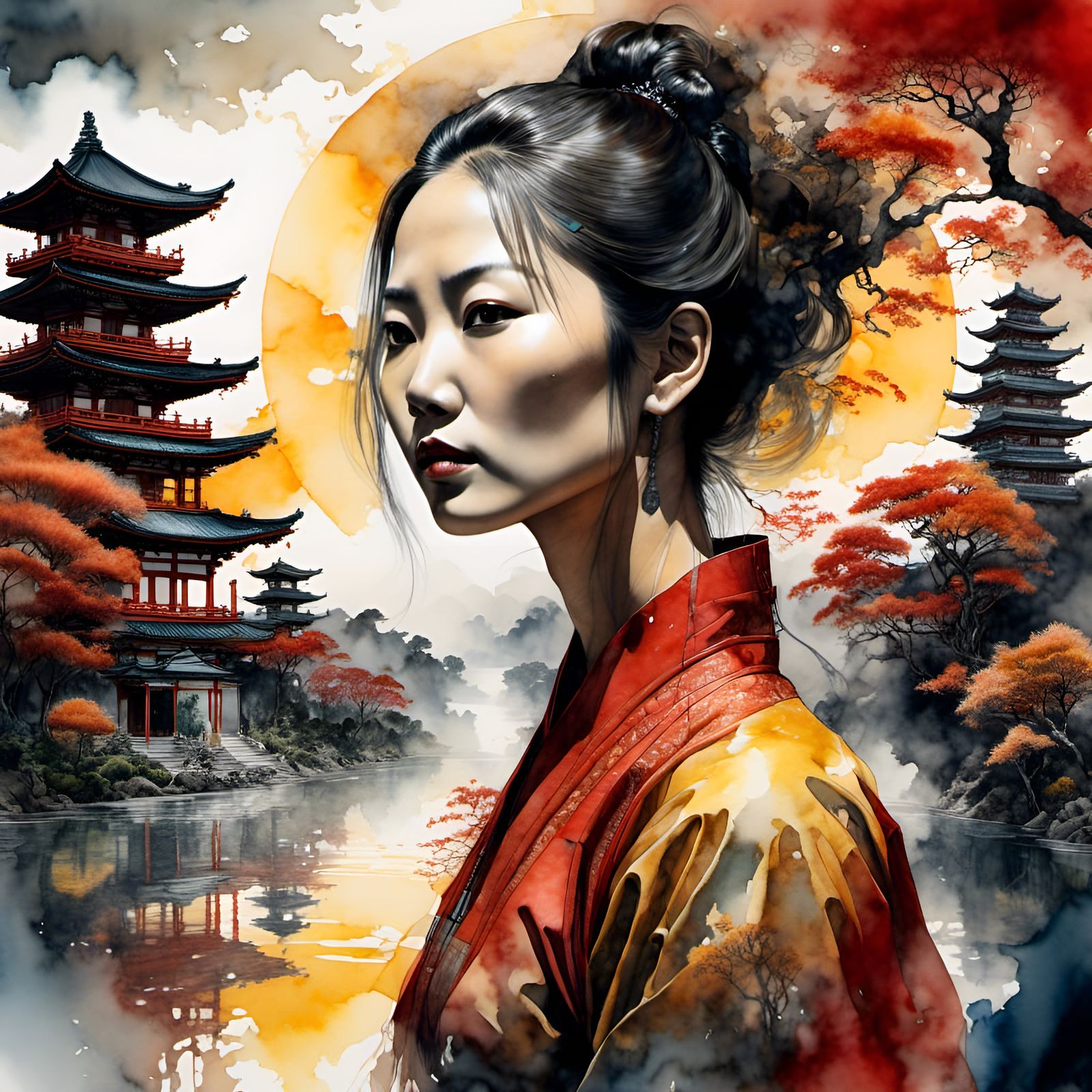 Celestial Woman Portrait in Dystopian Japan, Digital Art