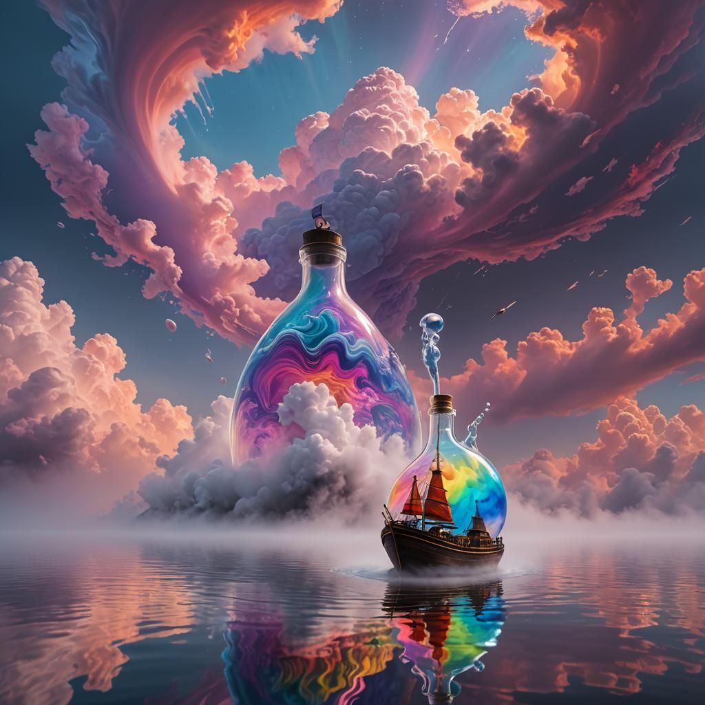 Glass Ship Inside Fluid Bottle with Rainbow Clouds