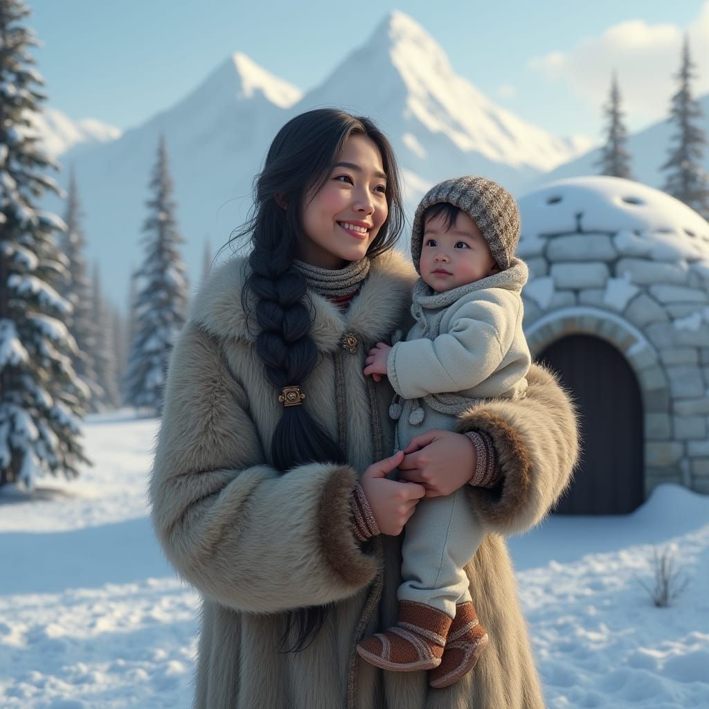 Hyperrealistic Inuit Woman with Baby in Traditional Clothing