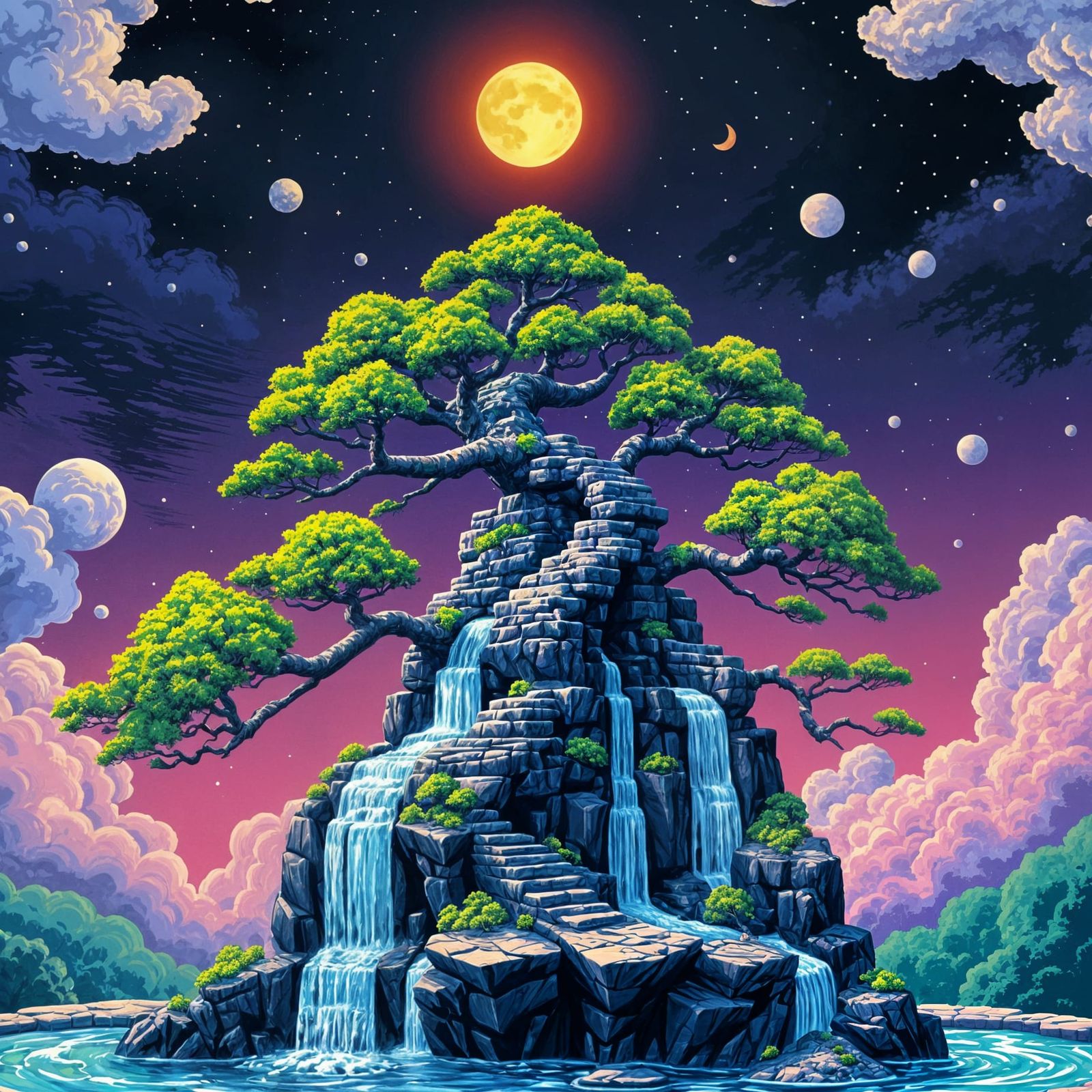 Psychedelic Bonsai Tree Hallucination in a Tim Burton-inspir...