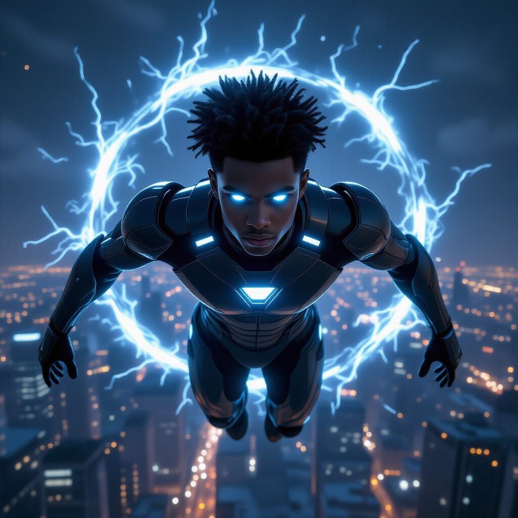 Teen Superhero Over City in Cyberpunk Style