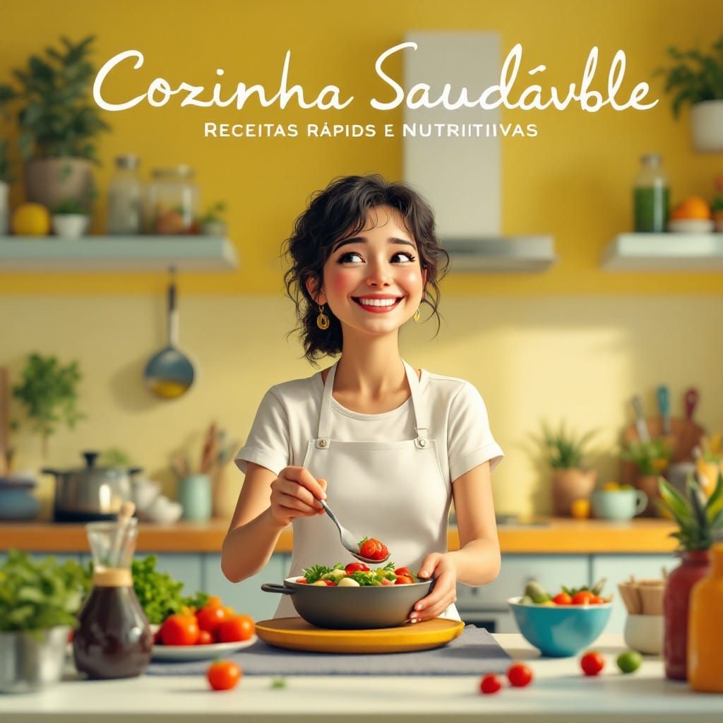 Smiling Woman in Kitchen with Healthy Food