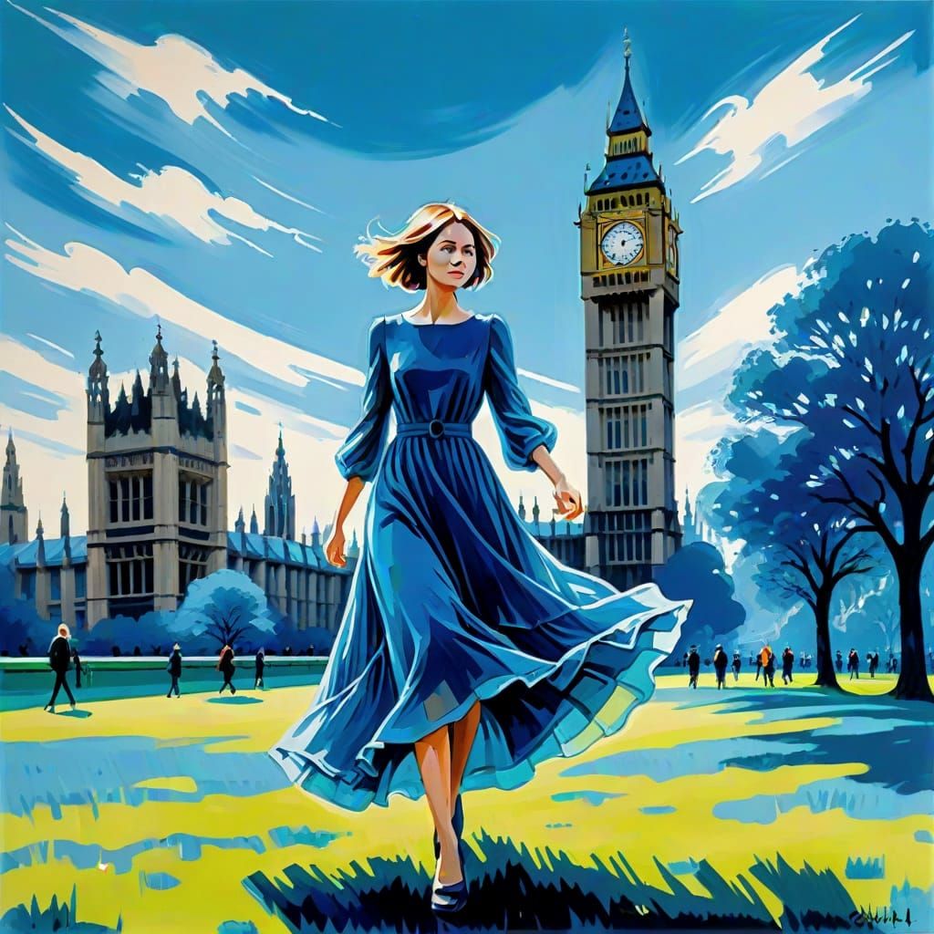 Woman in Blue Dress, Fauvist Acrylic Painting