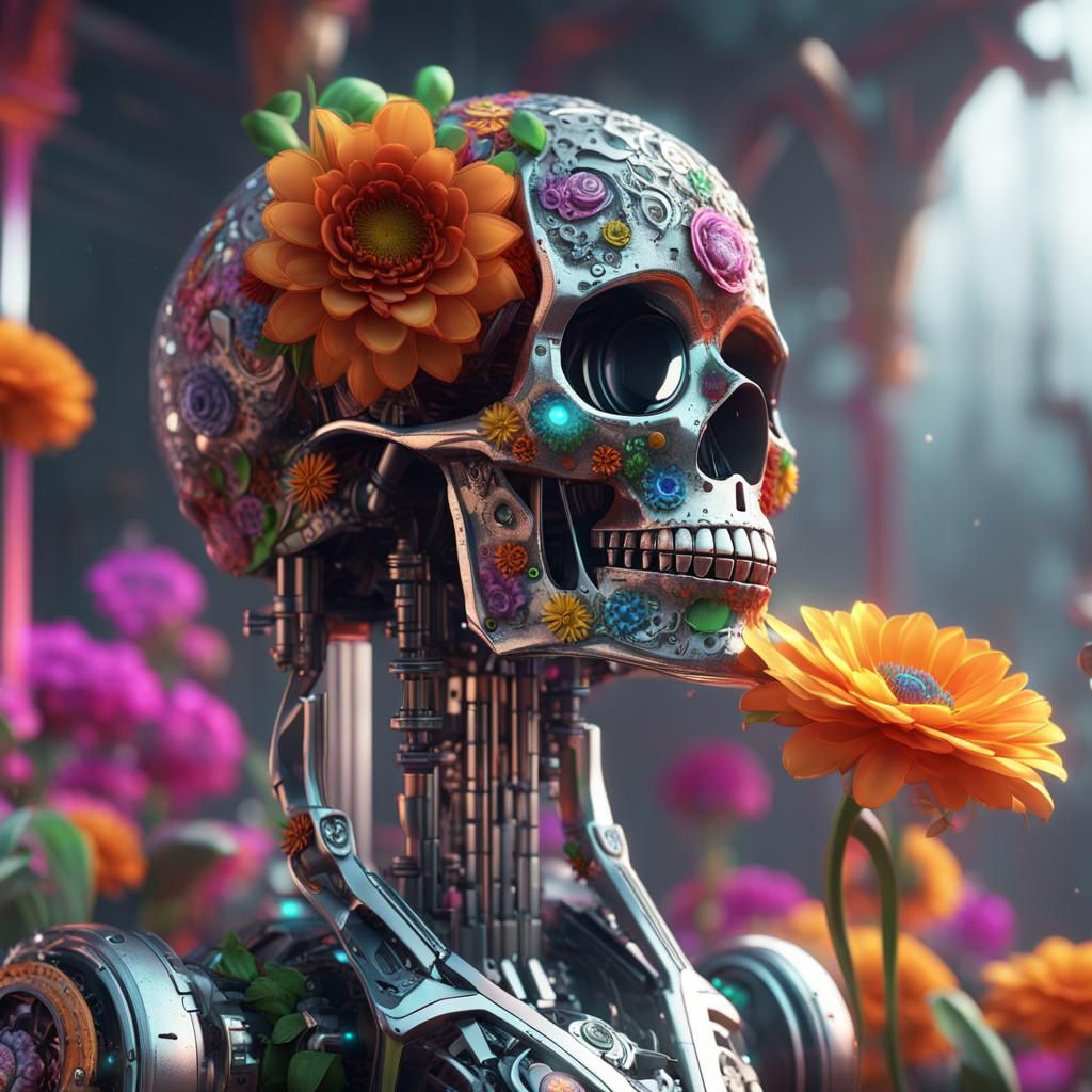 Futuristic Floral Skull with 'Margarita' Text, Sci-Fi Art