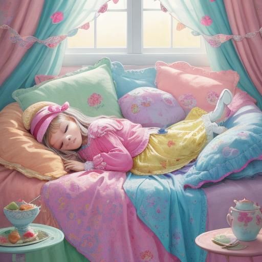Whimsical Girl Sleeping Illustration in Gouache Style