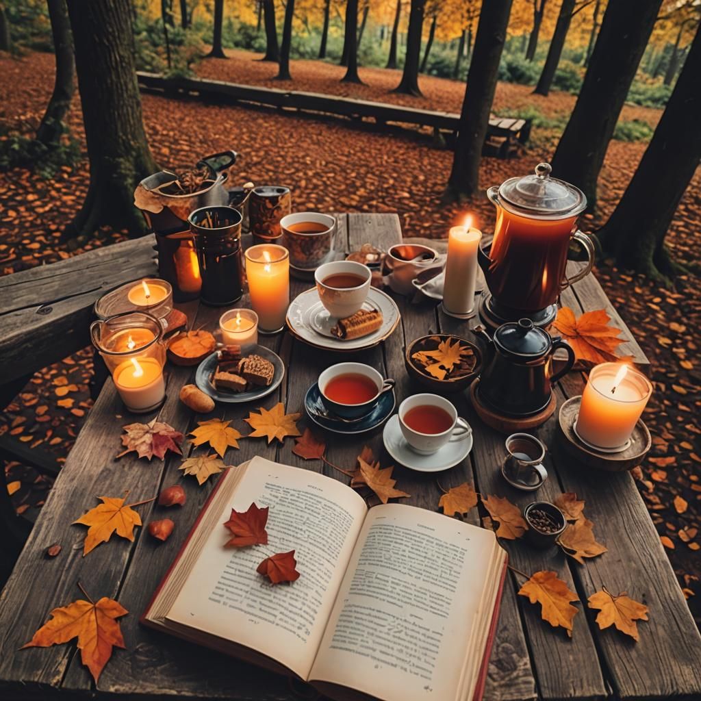 Cozy Autumn Tea Party in Evening Forest