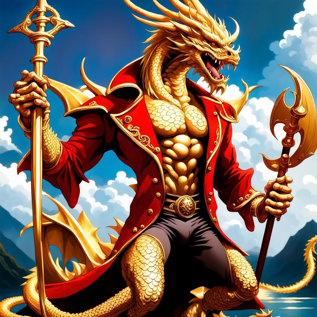 Gold Dragon Humanoid Pirate with Trident