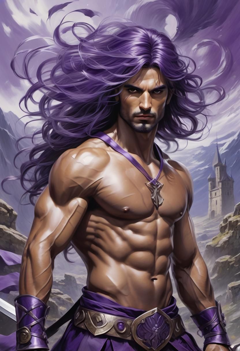 Fierce Warrior with Purple Hair Ready for Battle