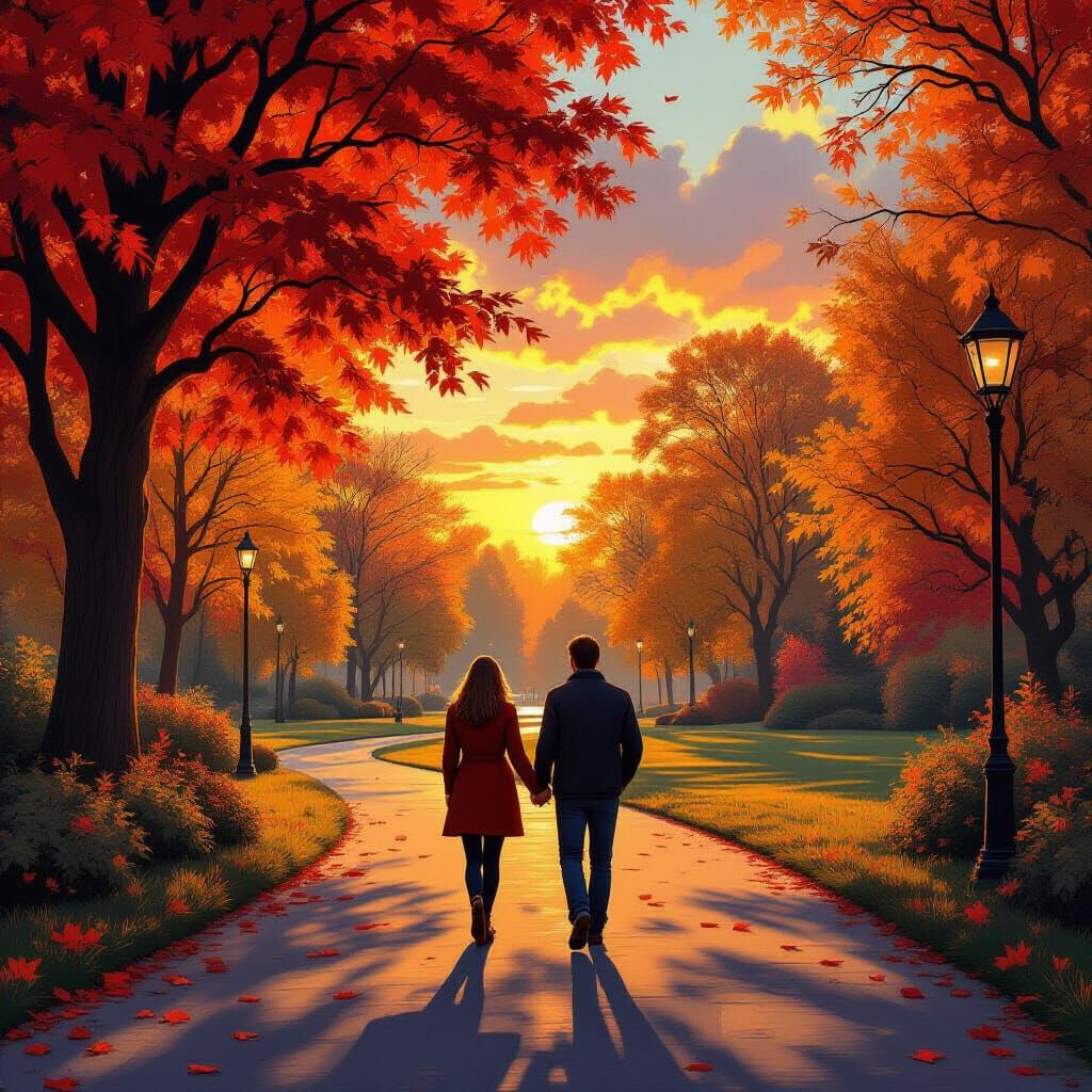 Autumn Park Stroll at Sunset: Digital Matte Painting